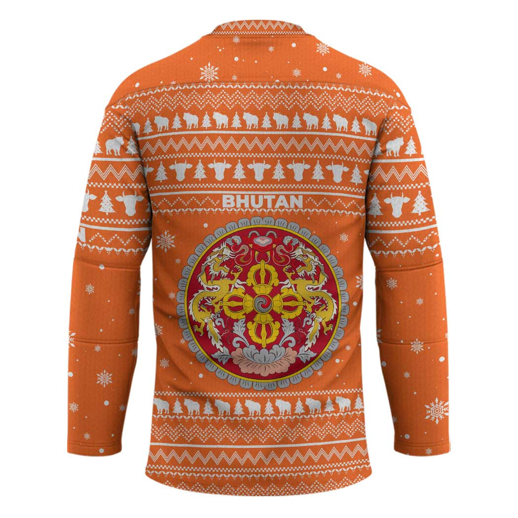 Bhutan Christmas Hockey Jersey with Takin Santa Hat Christmas Tree and Snowflake Pattern in Orange - Wonder Print Shop