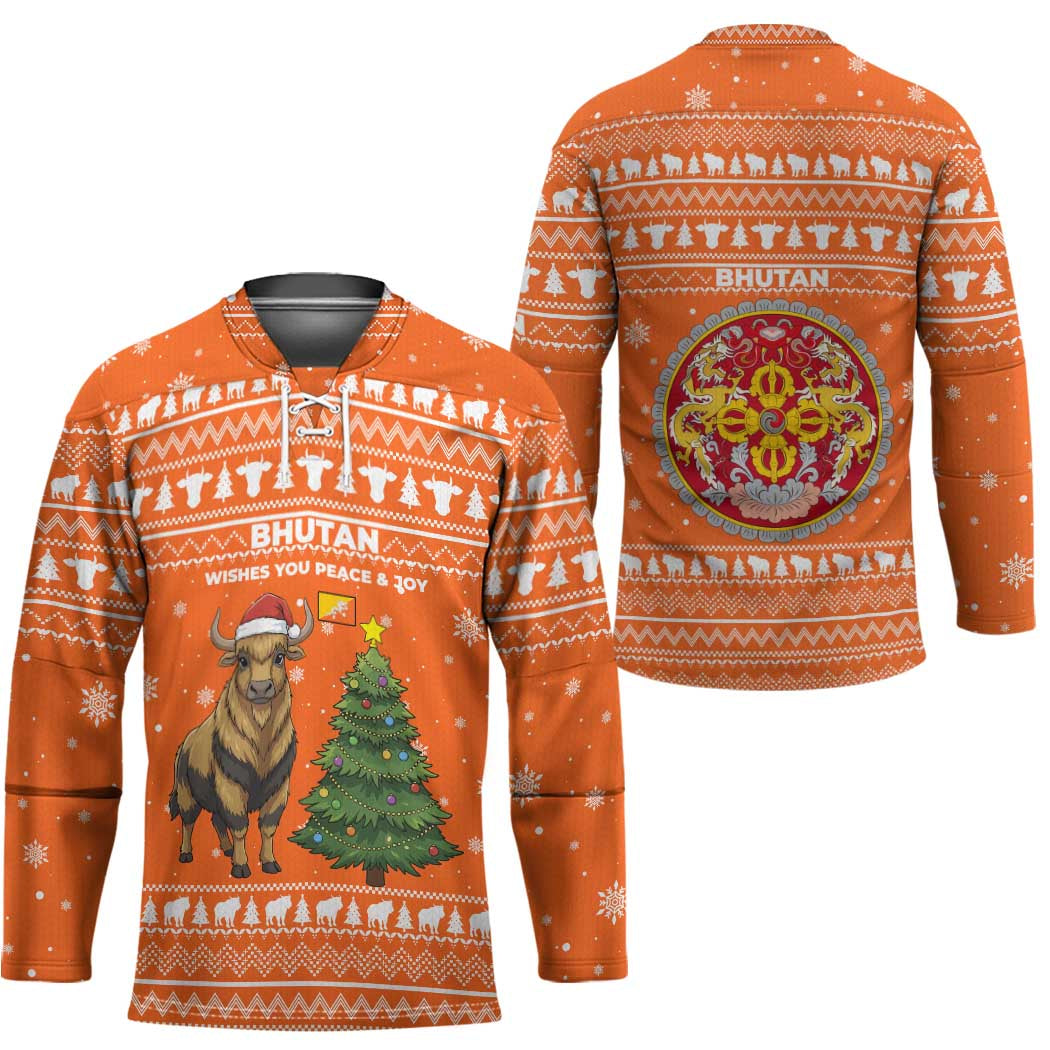 Bhutan Christmas Hockey Jersey with Takin Santa Hat Christmas Tree and Snowflake Pattern in Orange - Wonder Print Shop