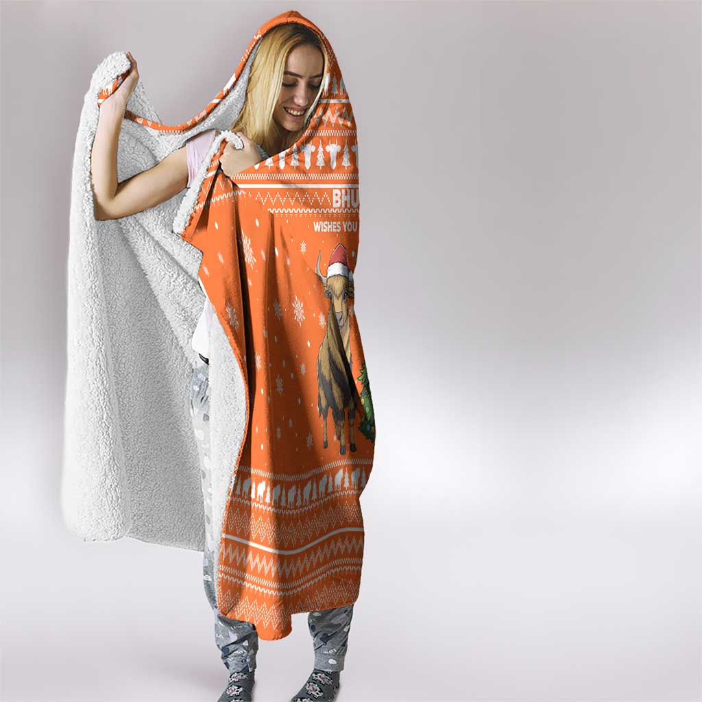 Bhutan Christmas Hooded Blanket with Takin Santa Hat Christmas Tree and Snowflake Pattern in Orange - Wonder Print Shop