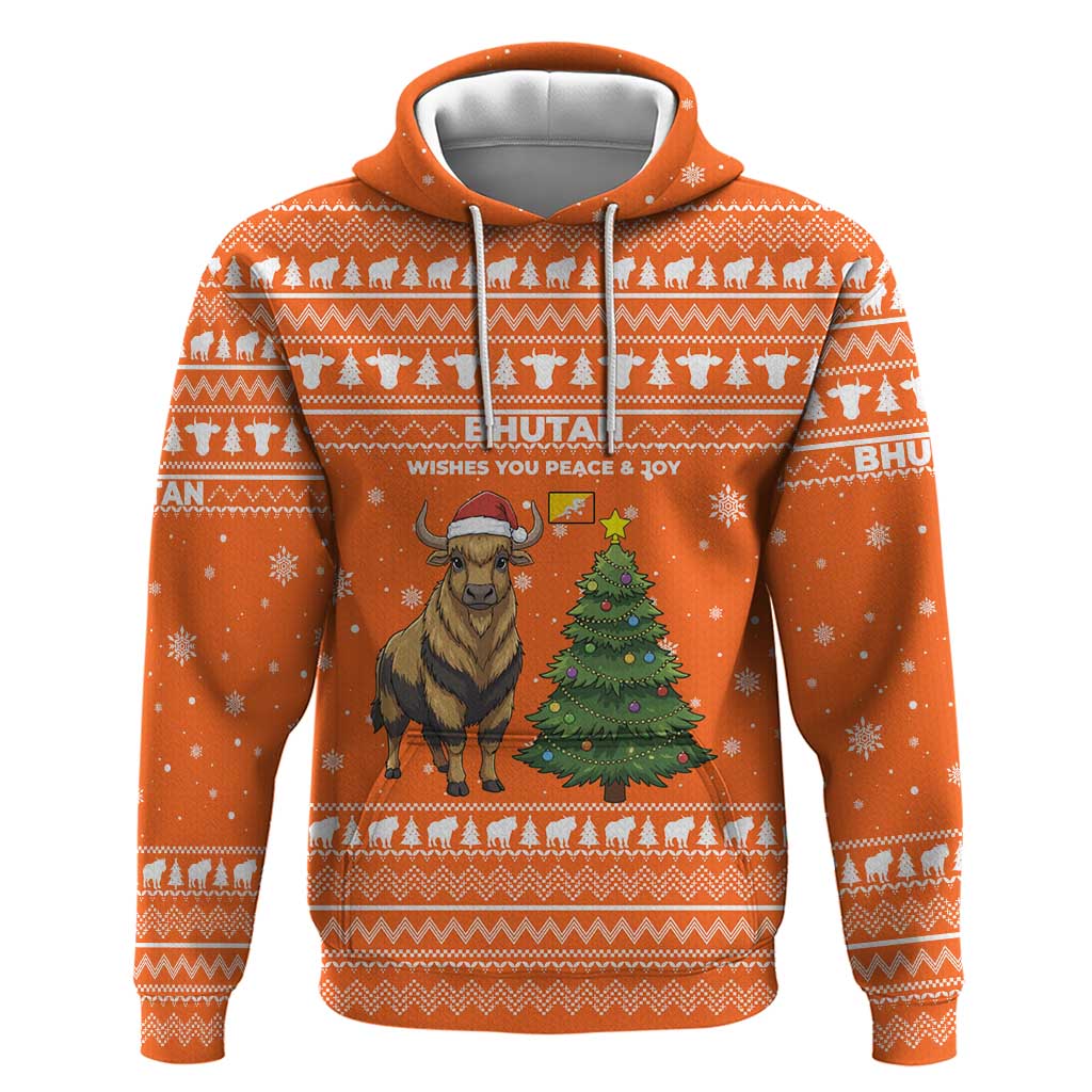 Bhutan Christmas Hoodie with Takin Santa Hat Christmas Tree and Snowflake Pattern in Orange - Wonder Print Shop
