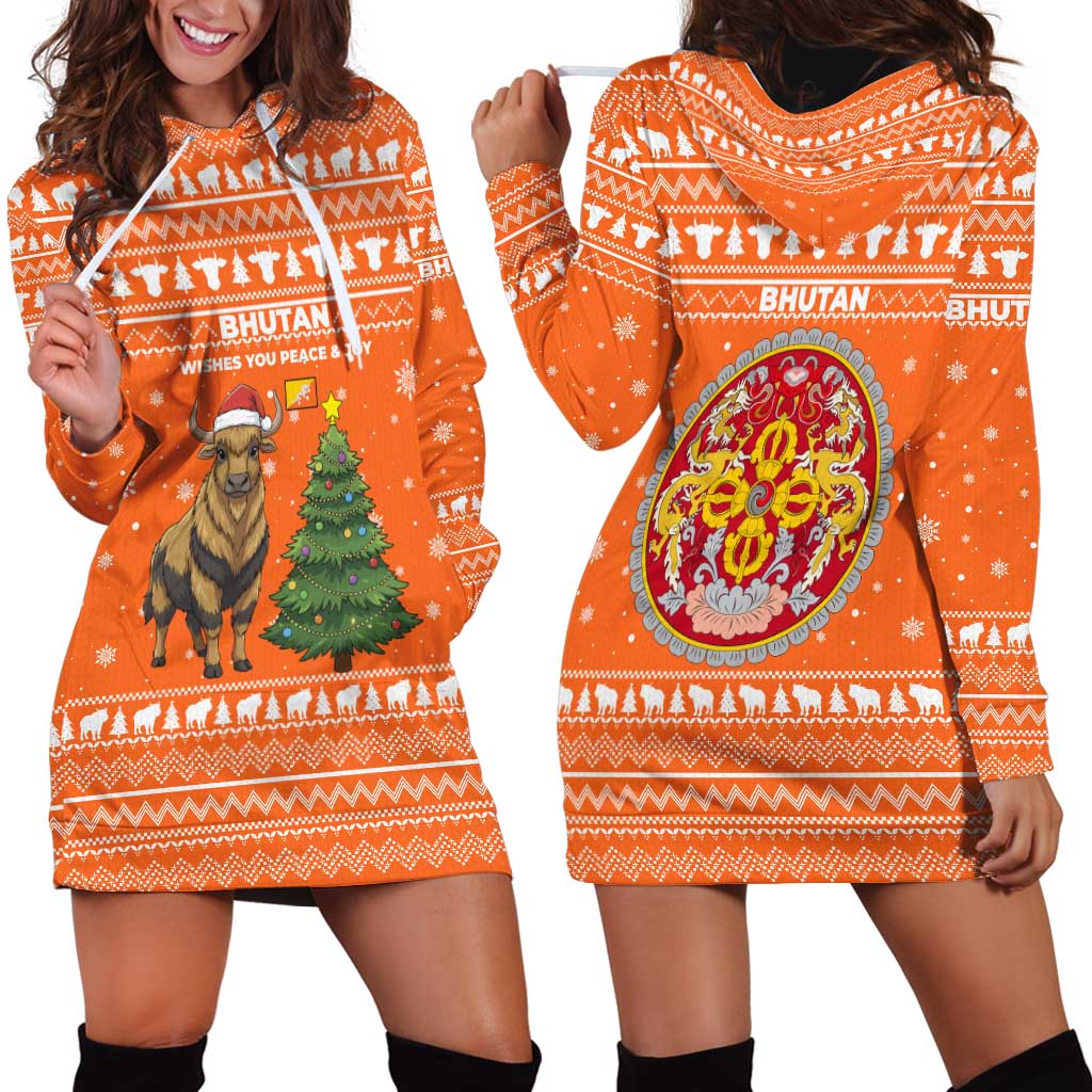 Bhutan Christmas Hoodie Dress with Takin Santa Hat Christmas Tree and Snowflake Pattern in Orange - Wonder Print Shop