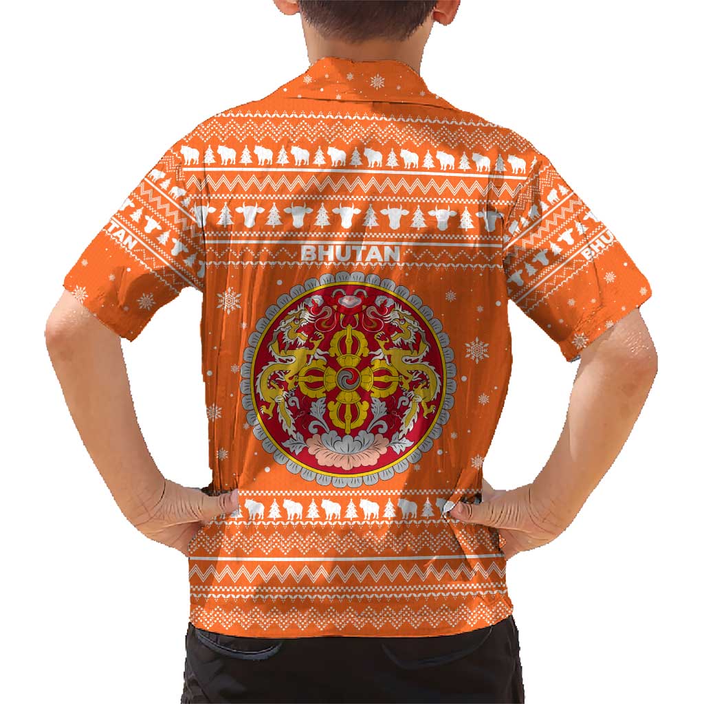 Bhutan Christmas Kid Hawaiian Shirt with Takin Santa Hat Christmas Tree and Snowflake Pattern in Orange - Wonder Print Shop