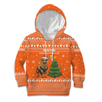 Bhutan Christmas Kid Hoodie with Takin Santa Hat Christmas Tree and Snowflake Pattern in Orange - Wonder Print Shop