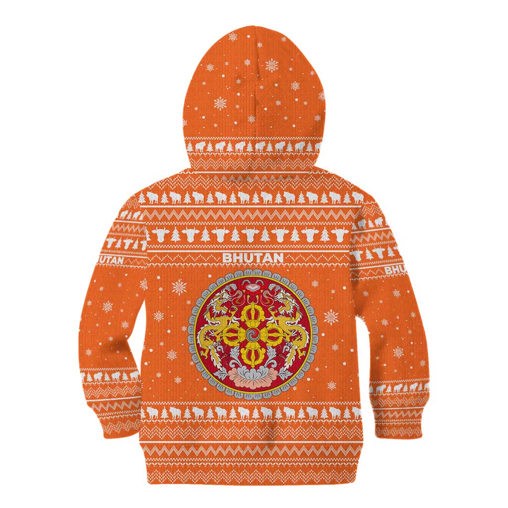 Bhutan Christmas Kid Hoodie with Takin Santa Hat Christmas Tree and Snowflake Pattern in Orange - Wonder Print Shop
