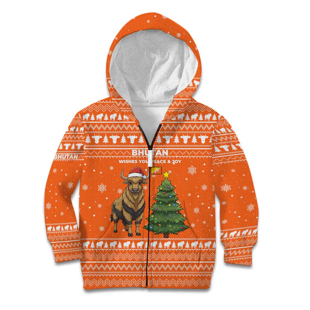 Bhutan Christmas Kid Hoodie with Takin Santa Hat Christmas Tree and Snowflake Pattern in Orange - Wonder Print Shop
