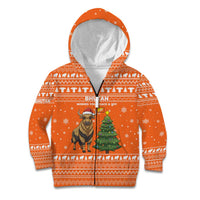 Bhutan Christmas Kid Hoodie with Takin Santa Hat Christmas Tree and Snowflake Pattern in Orange - Wonder Print Shop