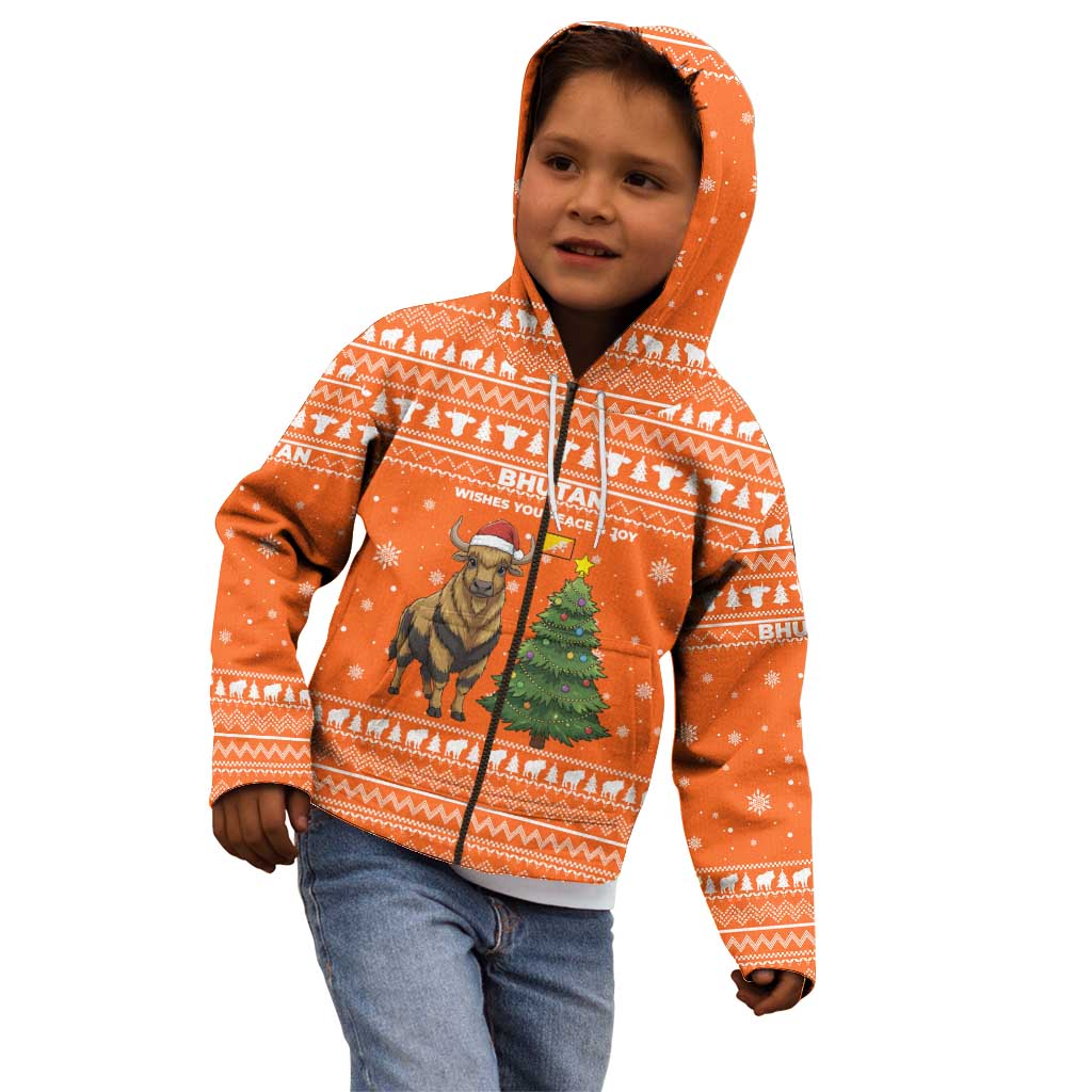 Bhutan Christmas Kid Hoodie with Takin Santa Hat Christmas Tree and Snowflake Pattern in Orange - Wonder Print Shop