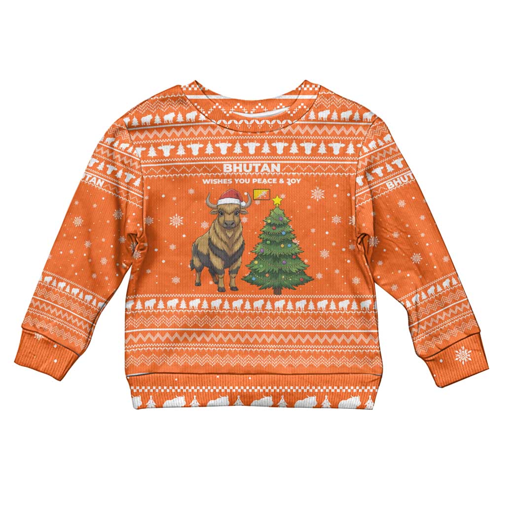 Bhutan Christmas Kid Ugly Christmas Sweater with Takin Santa Hat Christmas Tree and Snowflake Pattern in Orange - Wonder Print Shop