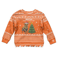Bhutan Christmas Kid Ugly Christmas Sweater with Takin Santa Hat Christmas Tree and Snowflake Pattern in Orange - Wonder Print Shop