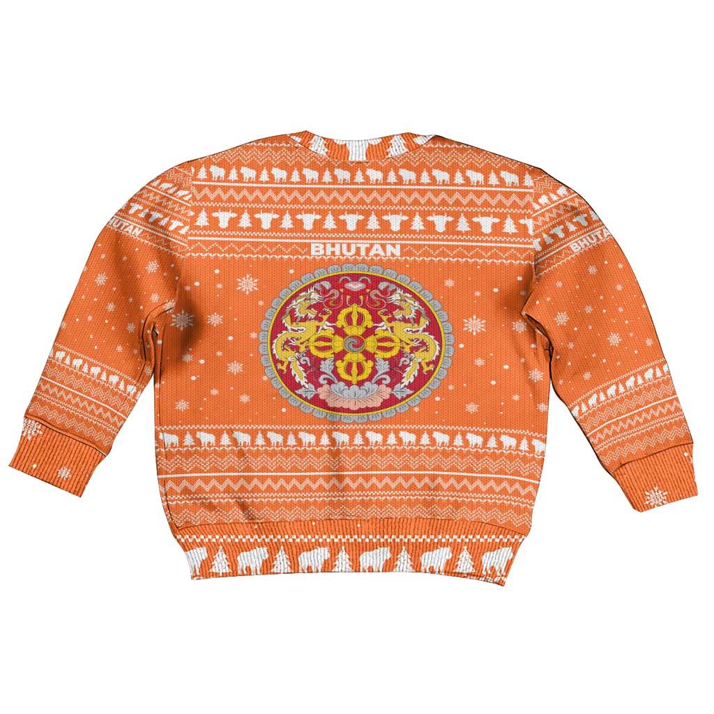Bhutan Christmas Kid Ugly Christmas Sweater with Takin Santa Hat Christmas Tree and Snowflake Pattern in Orange - Wonder Print Shop