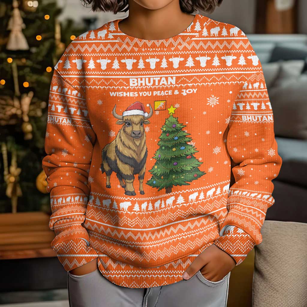 Bhutan Christmas Kid Ugly Christmas Sweater with Takin Santa Hat Christmas Tree and Snowflake Pattern in Orange - Wonder Print Shop
