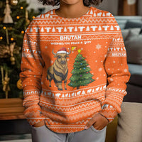 Bhutan Christmas Kid Ugly Christmas Sweater with Takin Santa Hat Christmas Tree and Snowflake Pattern in Orange - Wonder Print Shop