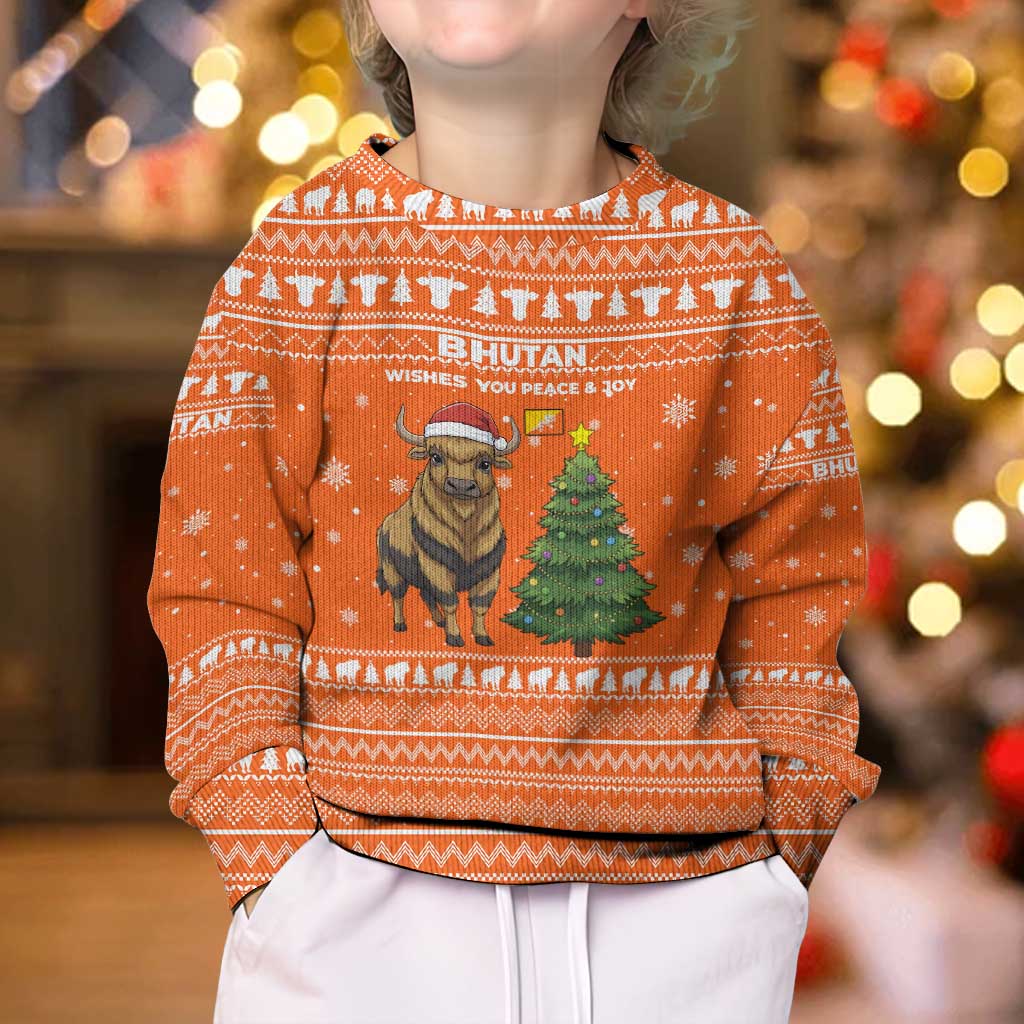 Bhutan Christmas Kid Ugly Christmas Sweater with Takin Santa Hat Christmas Tree and Snowflake Pattern in Orange - Wonder Print Shop