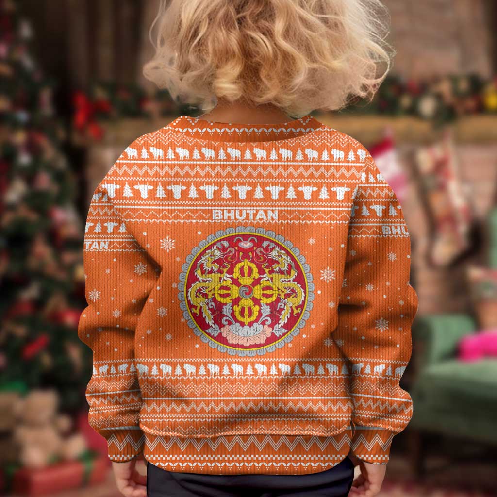 Bhutan Christmas Kid Ugly Christmas Sweater with Takin Santa Hat Christmas Tree and Snowflake Pattern in Orange - Wonder Print Shop