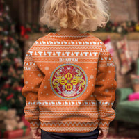 Bhutan Christmas Kid Ugly Christmas Sweater with Takin Santa Hat Christmas Tree and Snowflake Pattern in Orange - Wonder Print Shop