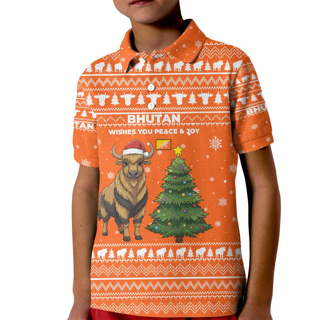 Bhutan Christmas Kid Polo Shirt with Takin Santa Hat Christmas Tree and Snowflake Pattern in Orange - Wonder Print Shop