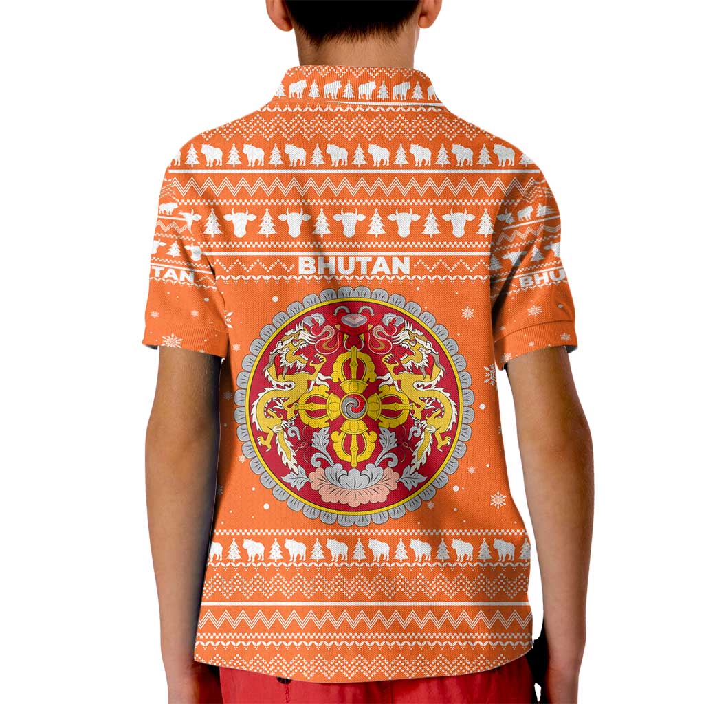 Bhutan Christmas Kid Polo Shirt with Takin Santa Hat Christmas Tree and Snowflake Pattern in Orange - Wonder Print Shop