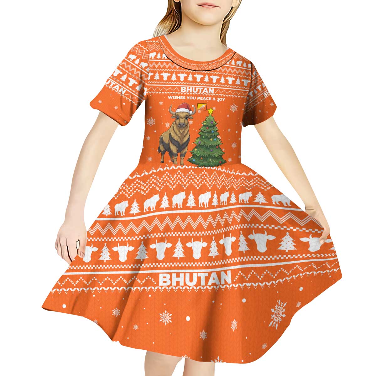 Bhutan Christmas Kid Short Sleeve Dress with Takin Santa Hat Christmas Tree and Snowflake Pattern in Orange - Wonder Print Shop