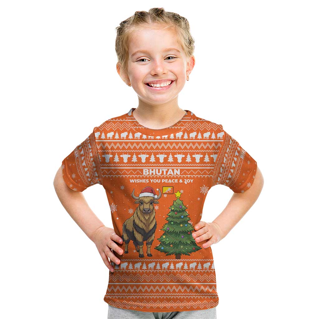 Bhutan Christmas Kid T Shirt with Takin Santa Hat Christmas Tree and Snowflake Pattern in Orange - Wonder Print Shop