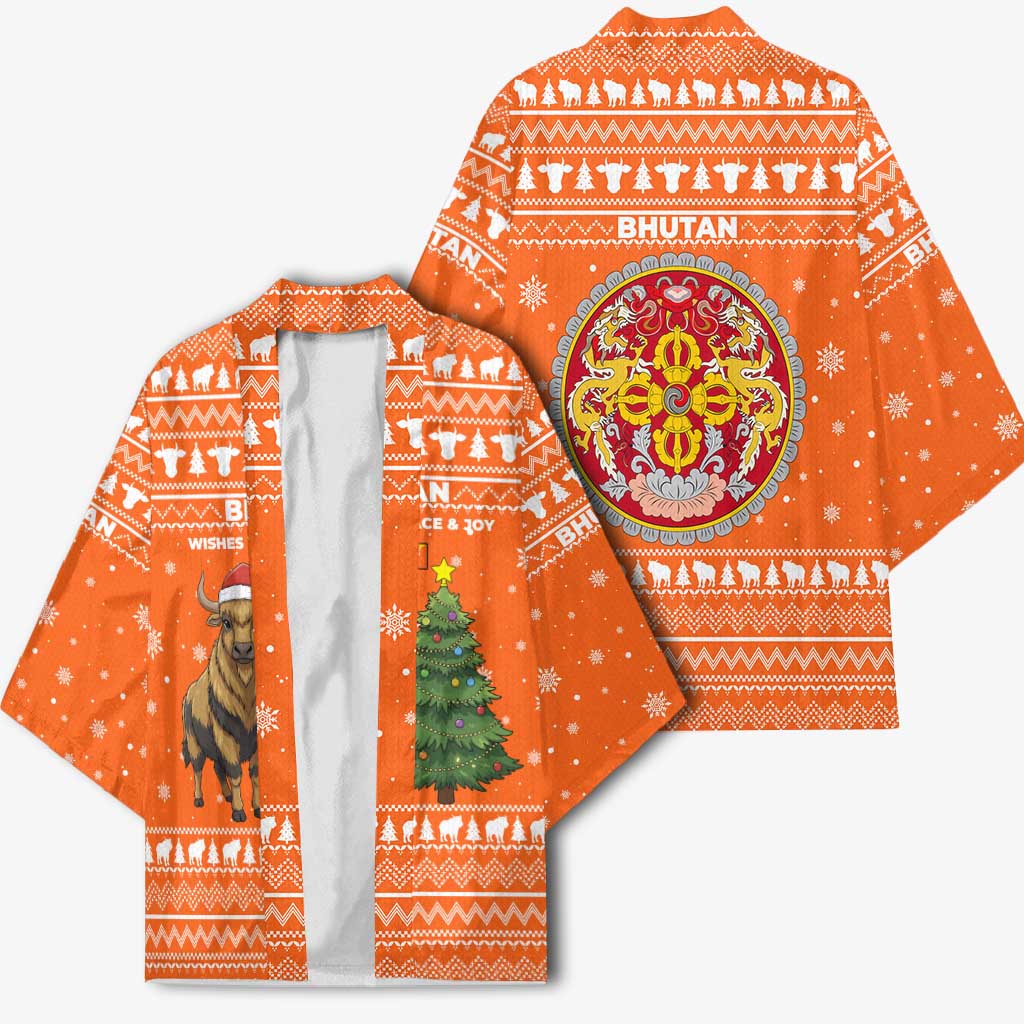 Bhutan Christmas Kimono with Takin Santa Hat Christmas Tree and Snowflake Pattern in Orange - Wonder Print Shop