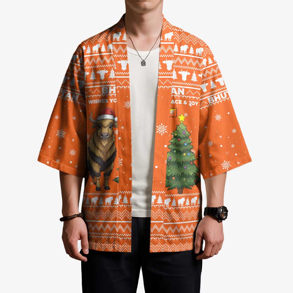 Bhutan Christmas Kimono with Takin Santa Hat Christmas Tree and Snowflake Pattern in Orange - Wonder Print Shop