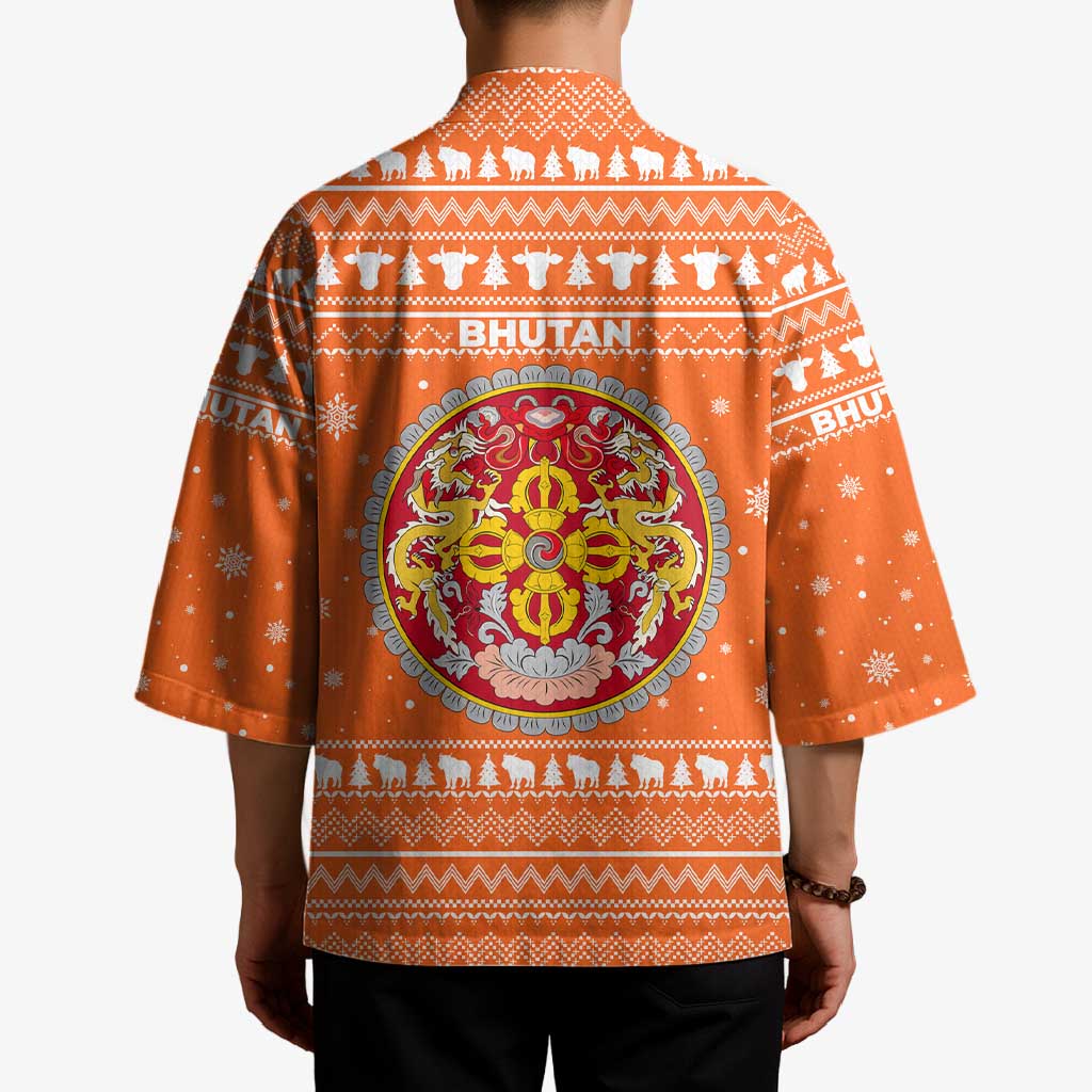 Bhutan Christmas Kimono with Takin Santa Hat Christmas Tree and Snowflake Pattern in Orange - Wonder Print Shop