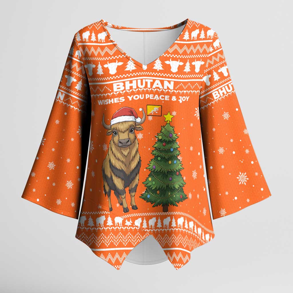Bhutan Christmas Kimono Sleeve Blouse with Takin Santa Hat Christmas Tree and Snowflake Pattern in Orange - Wonder Print Shop