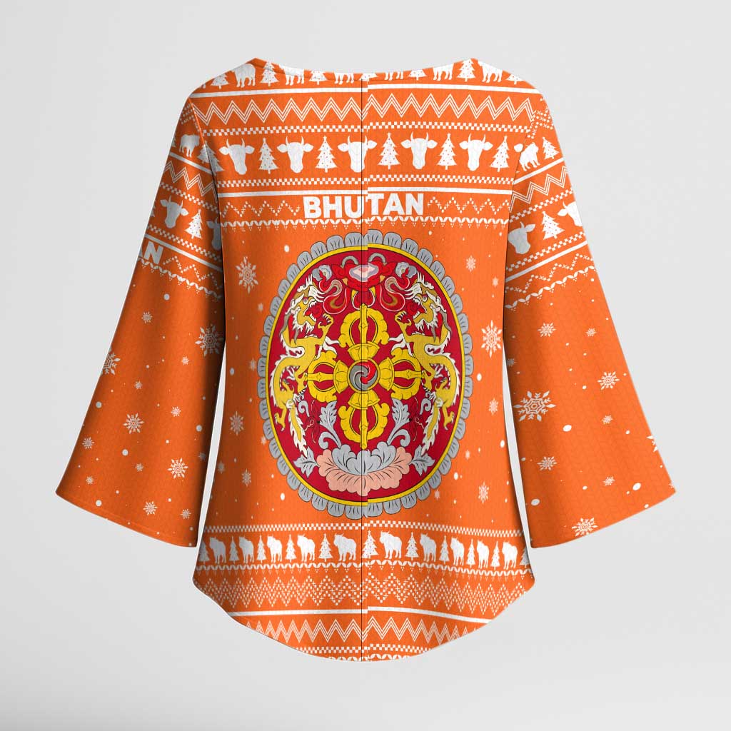 Bhutan Christmas Kimono Sleeve Blouse with Takin Santa Hat Christmas Tree and Snowflake Pattern in Orange - Wonder Print Shop