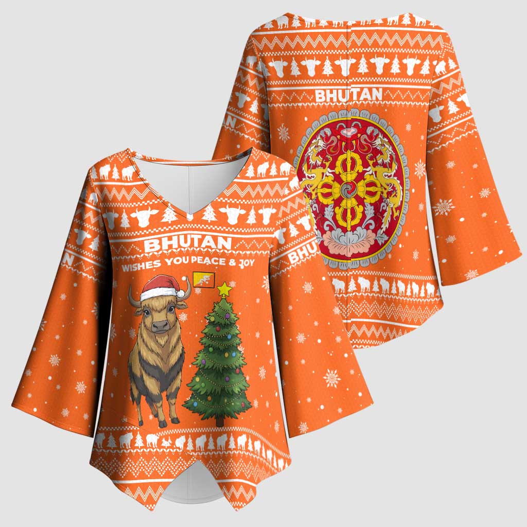 Bhutan Christmas Kimono Sleeve Blouse with Takin Santa Hat Christmas Tree and Snowflake Pattern in Orange - Wonder Print Shop