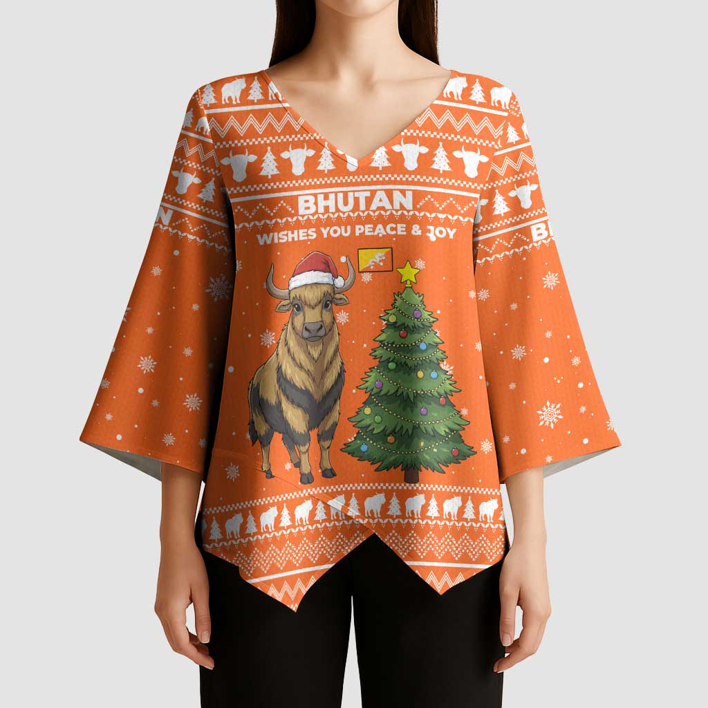 Bhutan Christmas Kimono Sleeve Blouse with Takin Santa Hat Christmas Tree and Snowflake Pattern in Orange - Wonder Print Shop