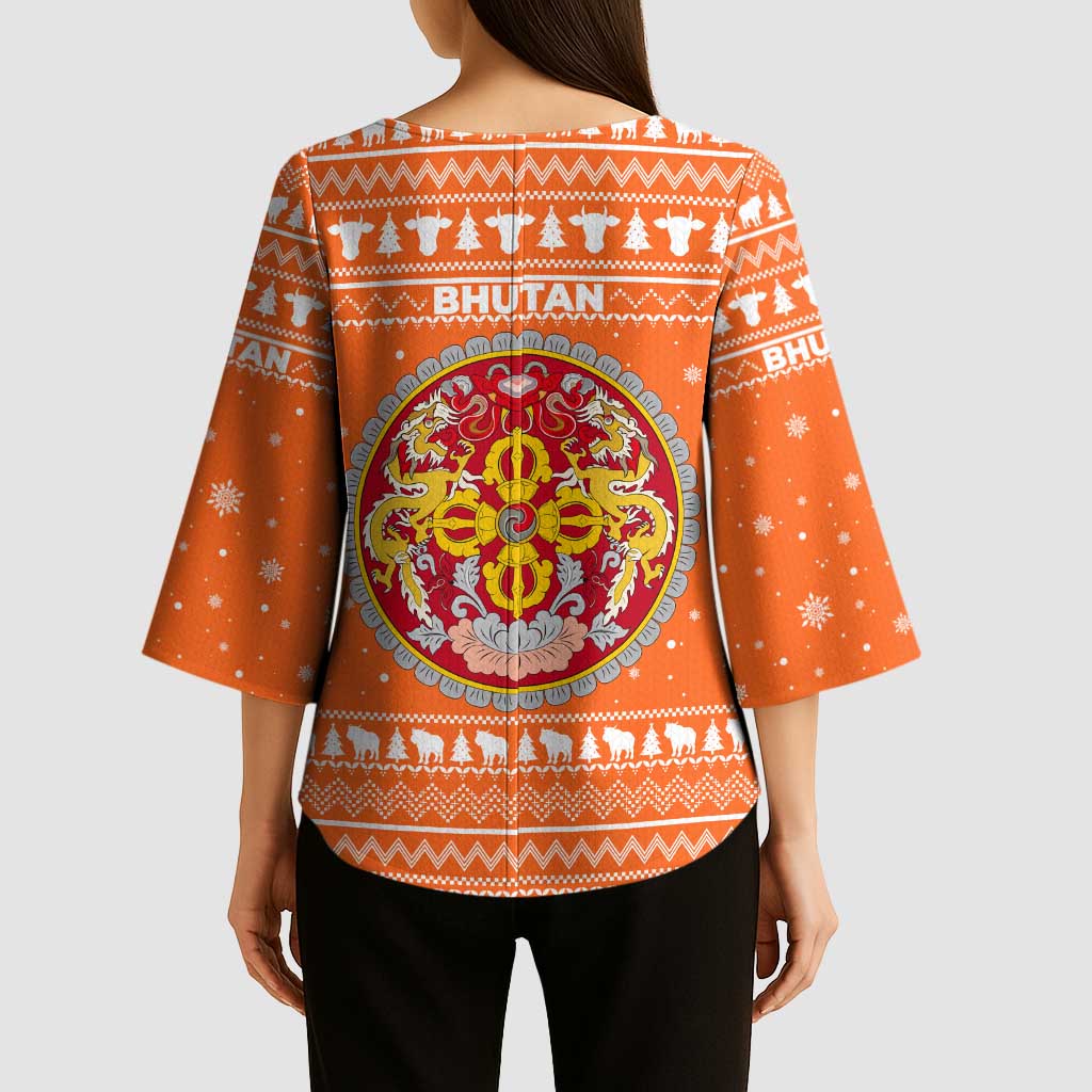 Bhutan Christmas Kimono Sleeve Blouse with Takin Santa Hat Christmas Tree and Snowflake Pattern in Orange - Wonder Print Shop