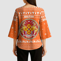 Bhutan Christmas Kimono Sleeve Blouse with Takin Santa Hat Christmas Tree and Snowflake Pattern in Orange - Wonder Print Shop