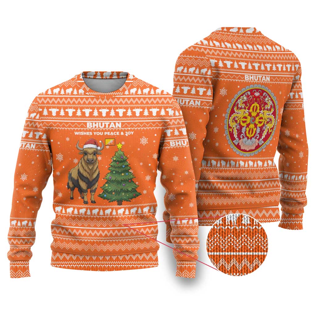 Bhutan Christmas Ugly Christmas Sweater with Takin Santa Hat Christmas Tree and Snowflake Pattern in Orange - Wonder Print Shop