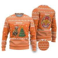 Bhutan Christmas Ugly Christmas Sweater with Takin Santa Hat Christmas Tree and Snowflake Pattern in Orange - Wonder Print Shop