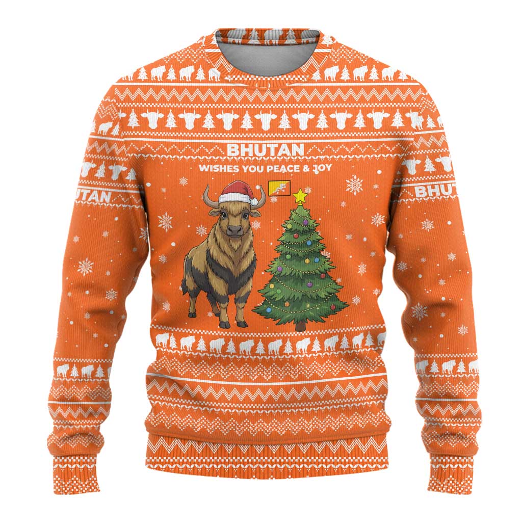 Bhutan Christmas Ugly Christmas Sweater with Takin Santa Hat Christmas Tree and Snowflake Pattern in Orange - Wonder Print Shop