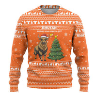 Bhutan Christmas Ugly Christmas Sweater with Takin Santa Hat Christmas Tree and Snowflake Pattern in Orange - Wonder Print Shop