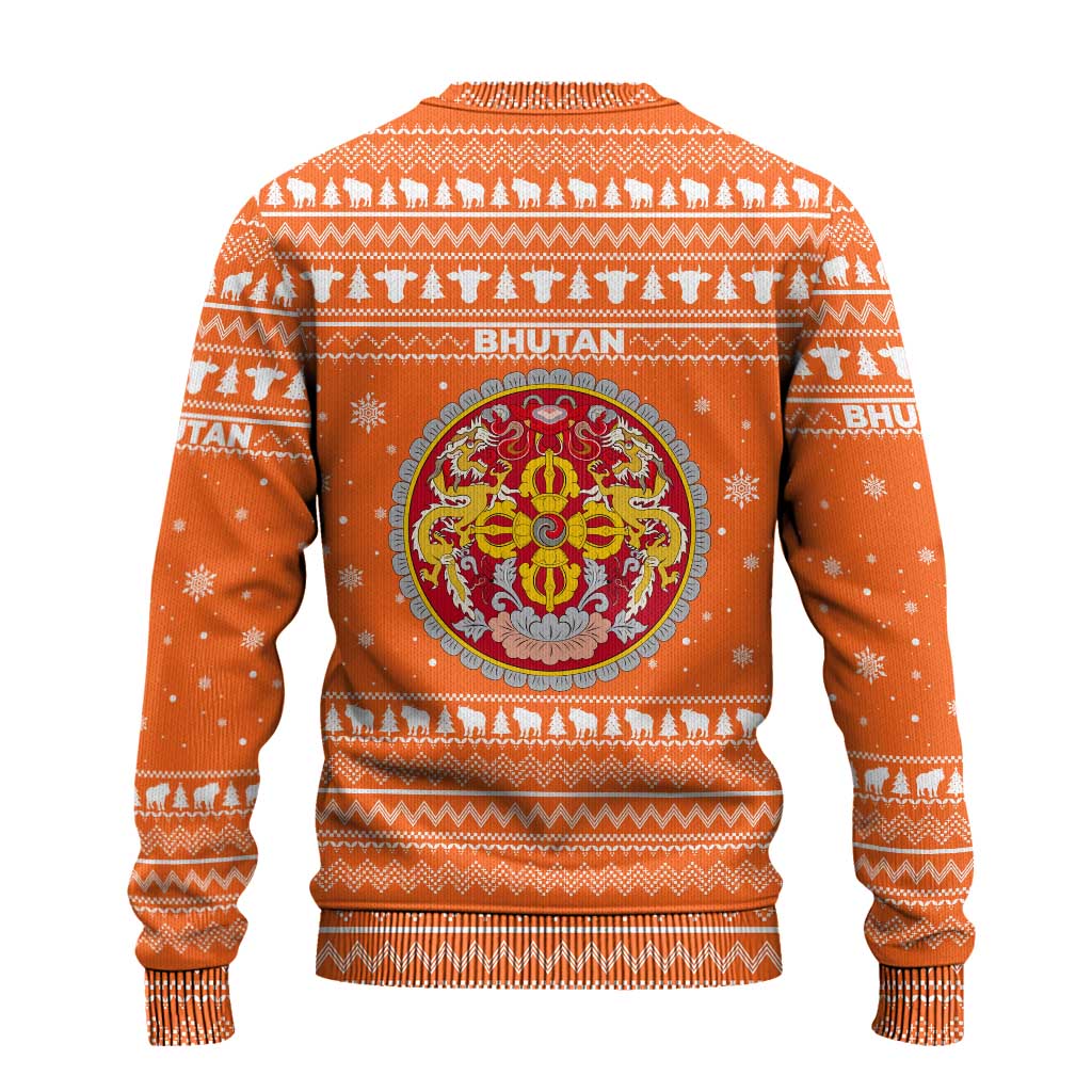 Bhutan Christmas Ugly Christmas Sweater with Takin Santa Hat Christmas Tree and Snowflake Pattern in Orange - Wonder Print Shop