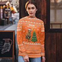 Bhutan Christmas Ugly Christmas Sweater with Takin Santa Hat Christmas Tree and Snowflake Pattern in Orange - Wonder Print Shop