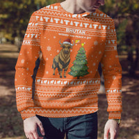 Bhutan Christmas Ugly Christmas Sweater with Takin Santa Hat Christmas Tree and Snowflake Pattern in Orange - Wonder Print Shop