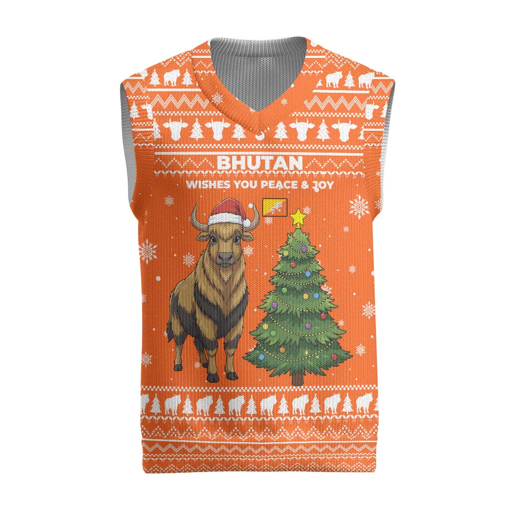 Bhutan Christmas Knitted V-Neck Vest with Takin Santa Hat Christmas Tree and Snowflake Pattern in Orange - Wonder Print Shop