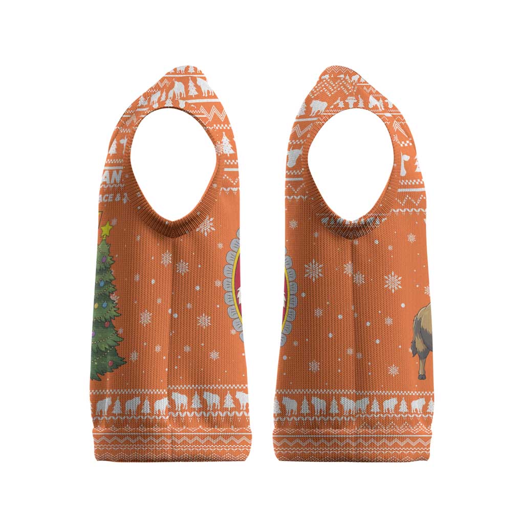 Bhutan Christmas Knitted V-Neck Vest with Takin Santa Hat Christmas Tree and Snowflake Pattern in Orange - Wonder Print Shop