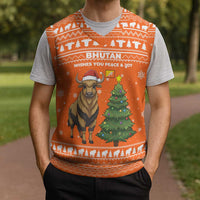 Bhutan Christmas Knitted V-Neck Vest with Takin Santa Hat Christmas Tree and Snowflake Pattern in Orange - Wonder Print Shop