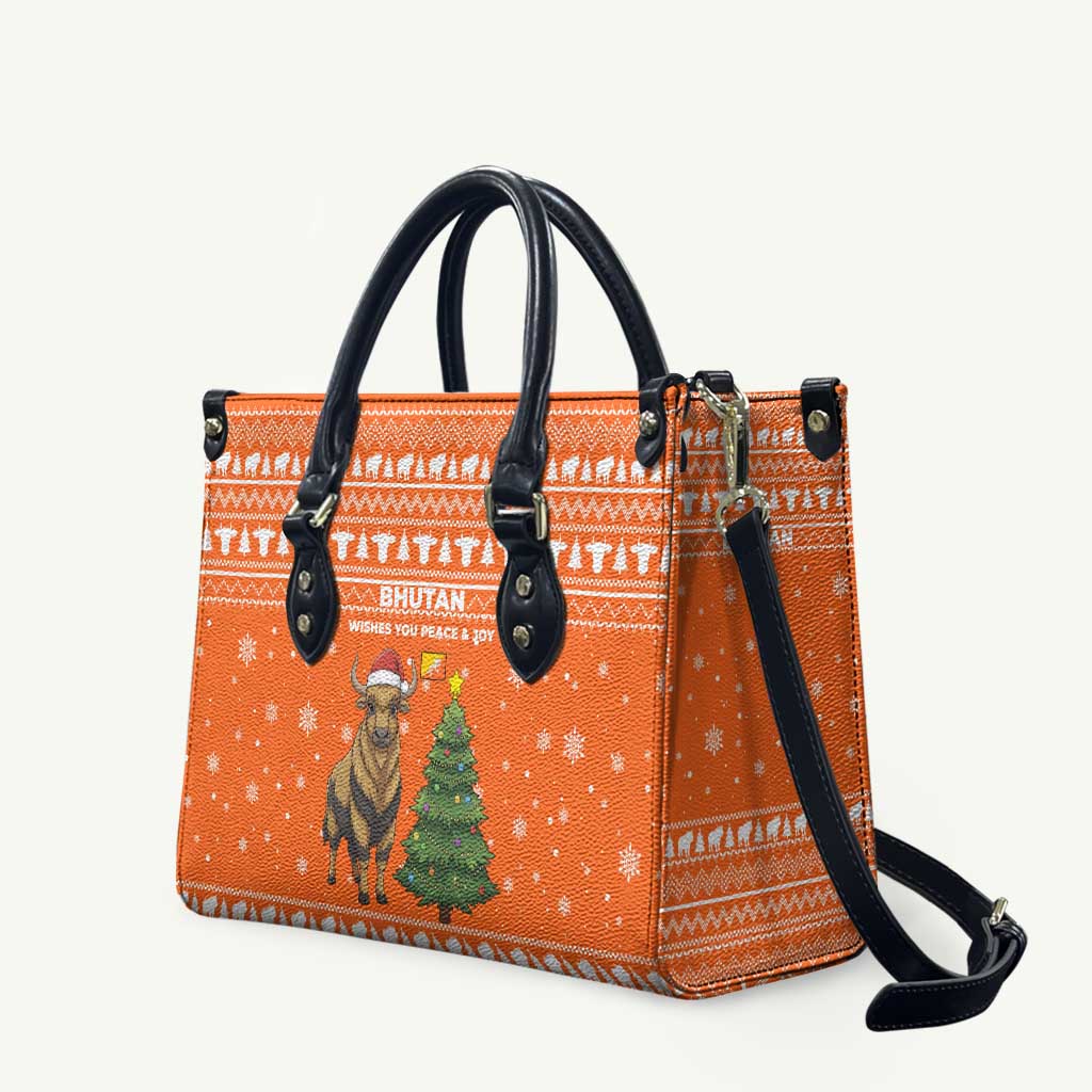 Bhutan Christmas Leather Bag with Takin Santa Hat Christmas Tree and Snowflake Pattern in Orange - Wonder Print Shop