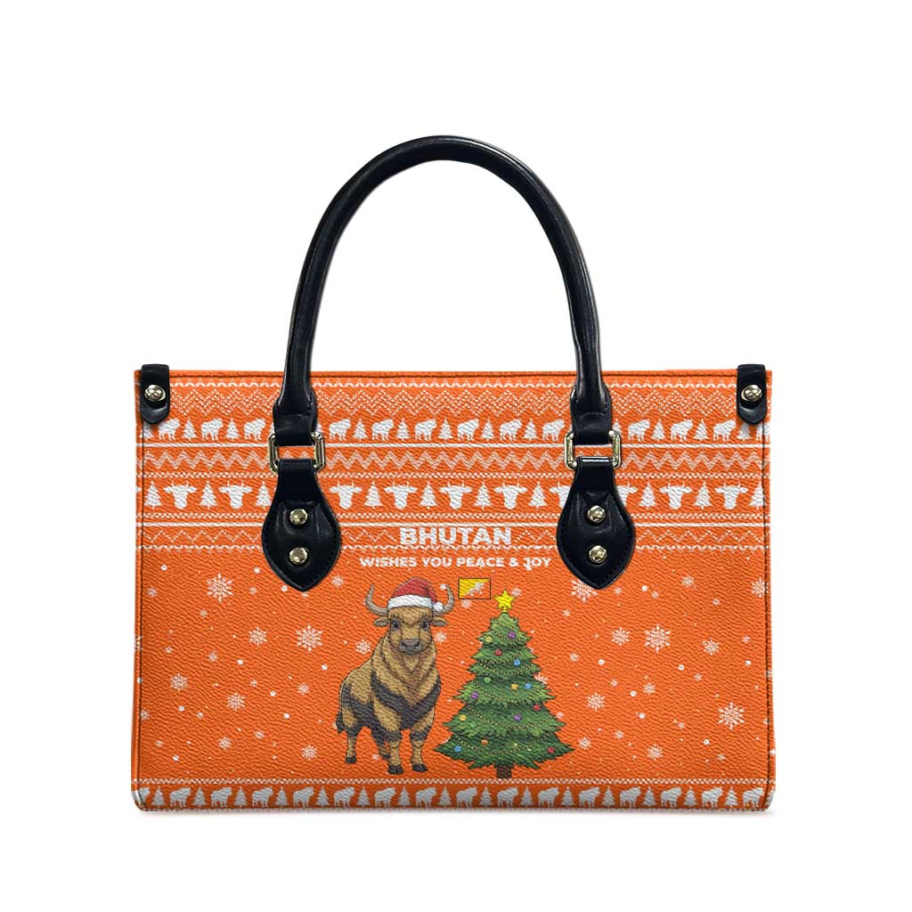 Bhutan Christmas Leather Bag with Takin Santa Hat Christmas Tree and Snowflake Pattern in Orange - Wonder Print Shop