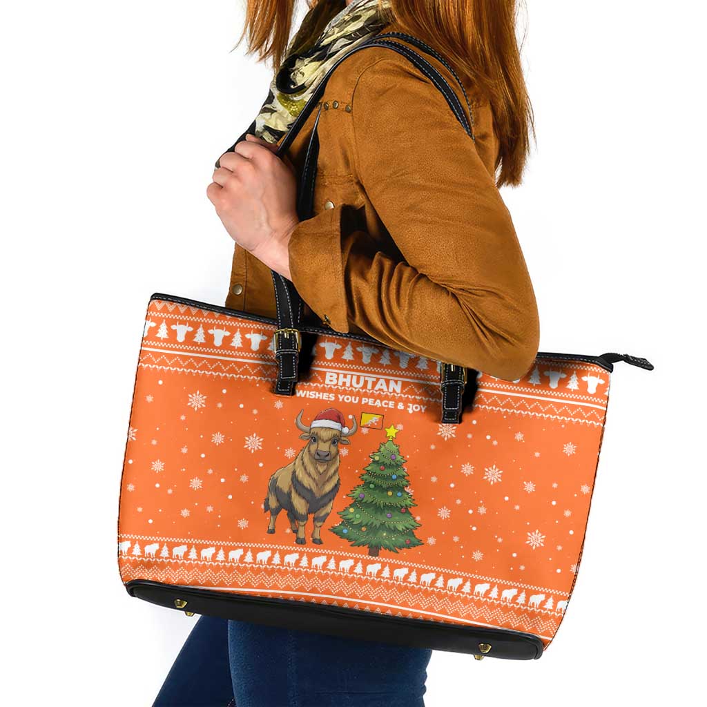 Bhutan Christmas Leather Tote Bag with Takin Santa Hat Christmas Tree and Snowflake Pattern in Orange - Wonder Print Shop
