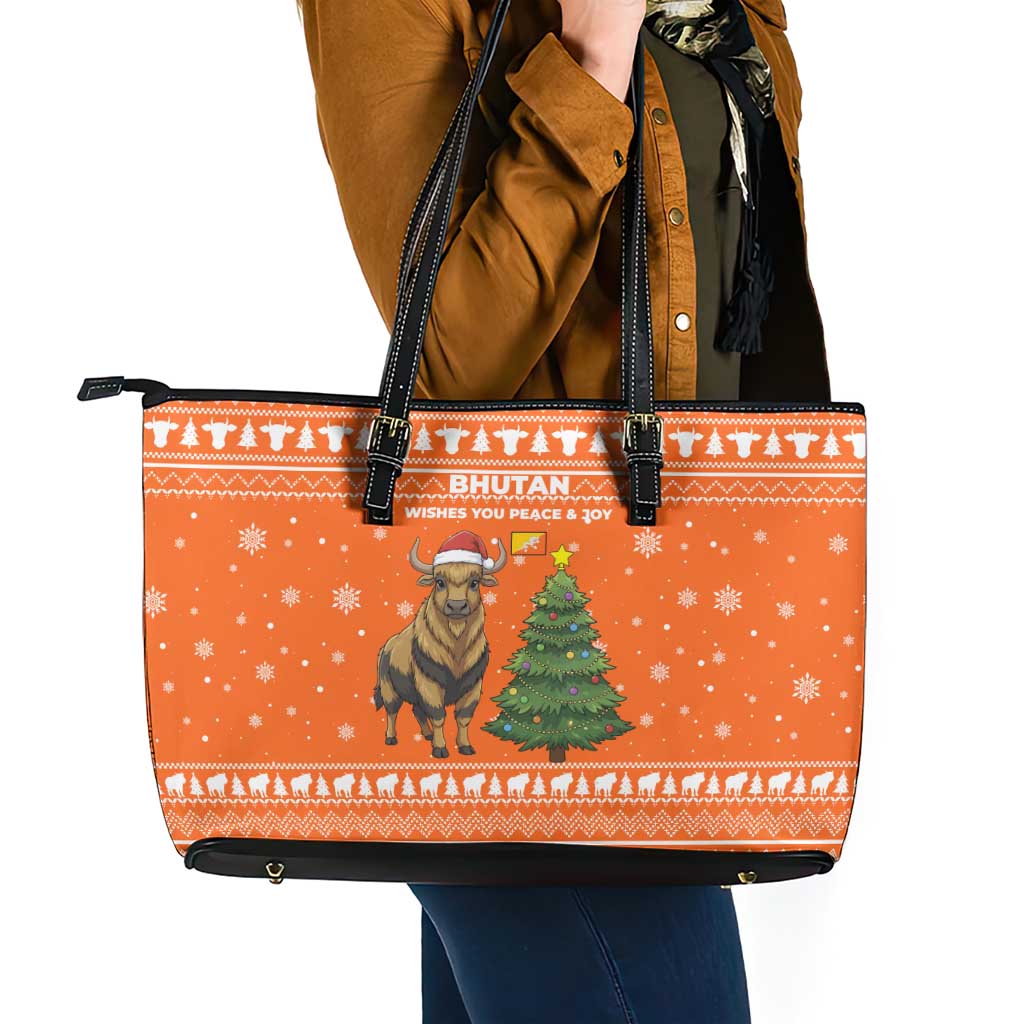 Bhutan Christmas Leather Tote Bag with Takin Santa Hat Christmas Tree and Snowflake Pattern in Orange - Wonder Print Shop