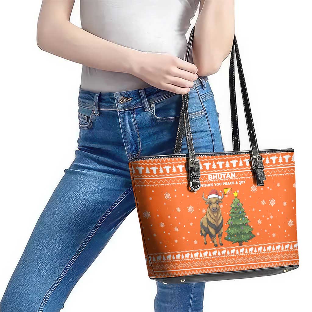 Bhutan Christmas Leather Tote Bag with Takin Santa Hat Christmas Tree and Snowflake Pattern in Orange - Wonder Print Shop
