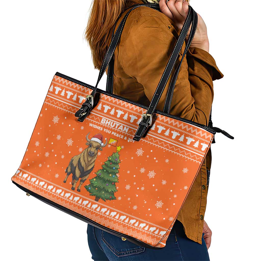 Bhutan Christmas Leather Tote Bag with Takin Santa Hat Christmas Tree and Snowflake Pattern in Orange - Wonder Print Shop
