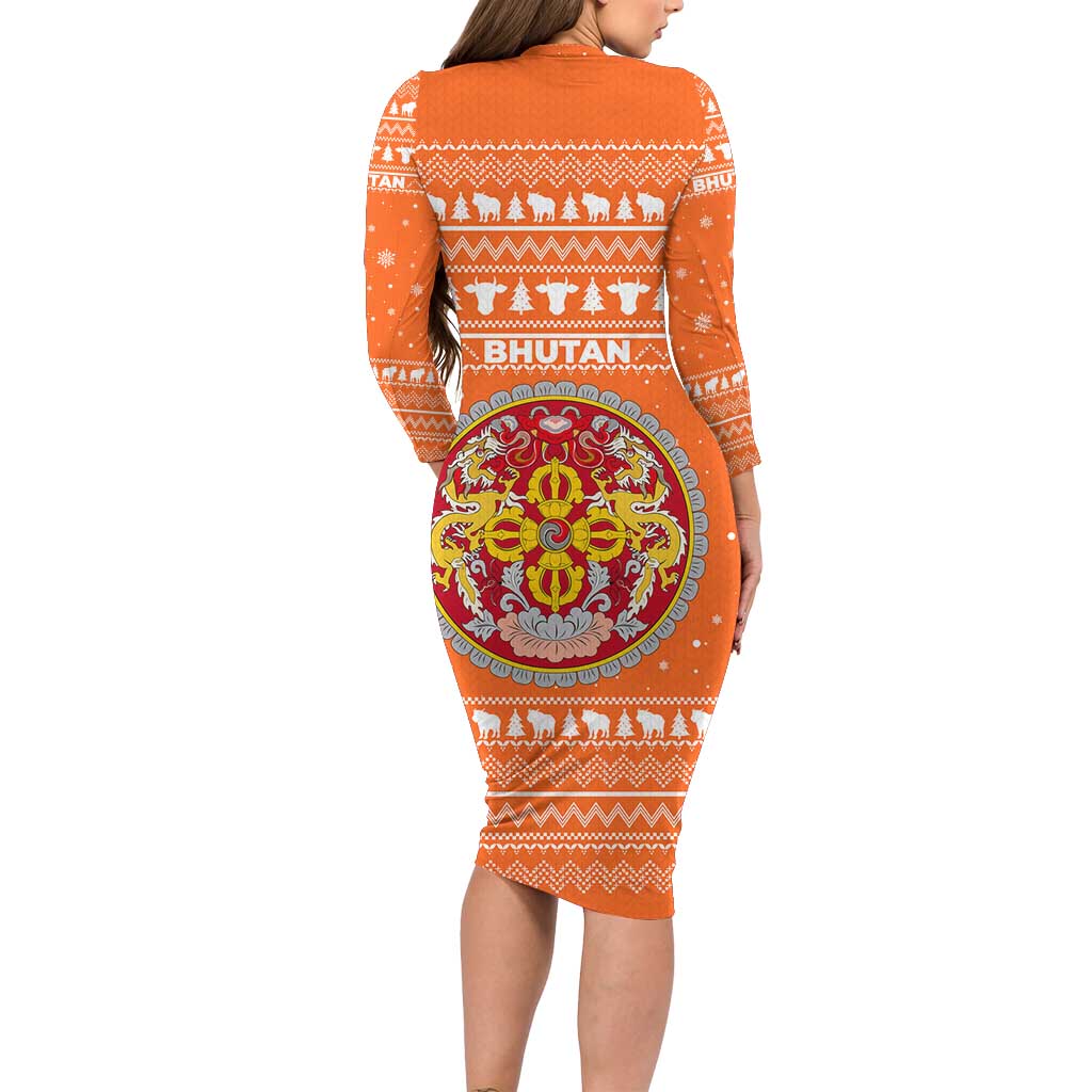 Bhutan Christmas Long Sleeve Bodycon Dress with Takin Santa Hat Christmas Tree and Snowflake Pattern in Orange - Wonder Print Shop