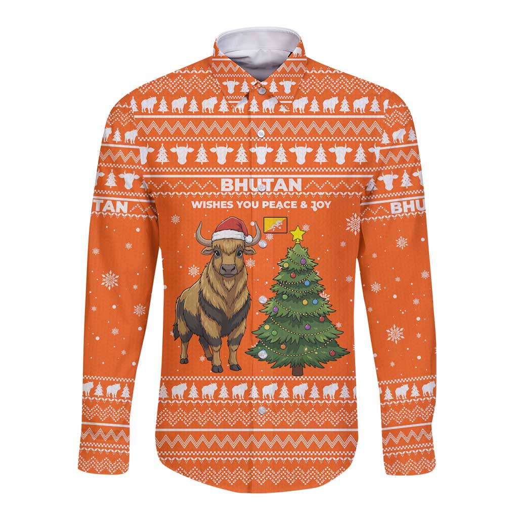 Bhutan Christmas Long Sleeve Button Shirt with Takin Santa Hat Christmas Tree and Snowflake Pattern in Orange - Wonder Print Shop